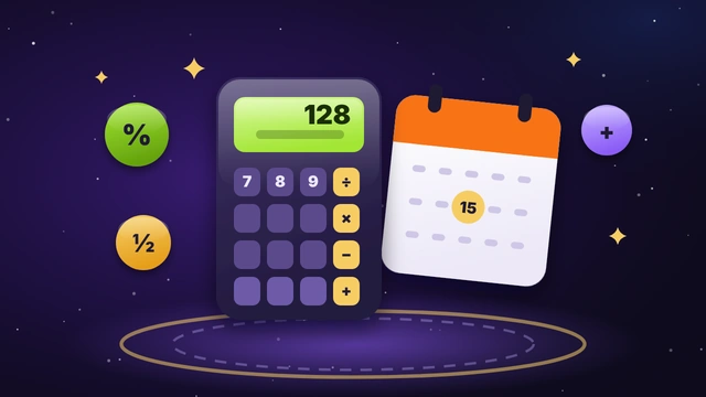 A calculator and calendar surrounded by number badges.