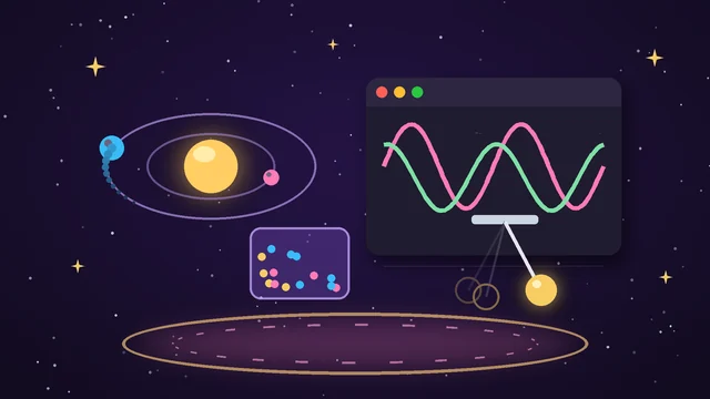 Planetary orbits, waves, particles and a pendulum illustrating science simulations.